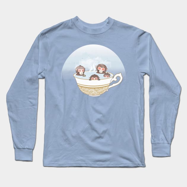 Japanese Monkeys Bathing in Tea Hot Spring Long Sleeve T-Shirt by original84collective